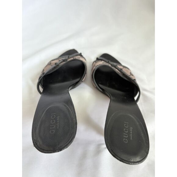Vintage Authentic Gucci Mules Mid High Heel Canvas Black Leather Monogram 8.5B - Picture 5 of 10